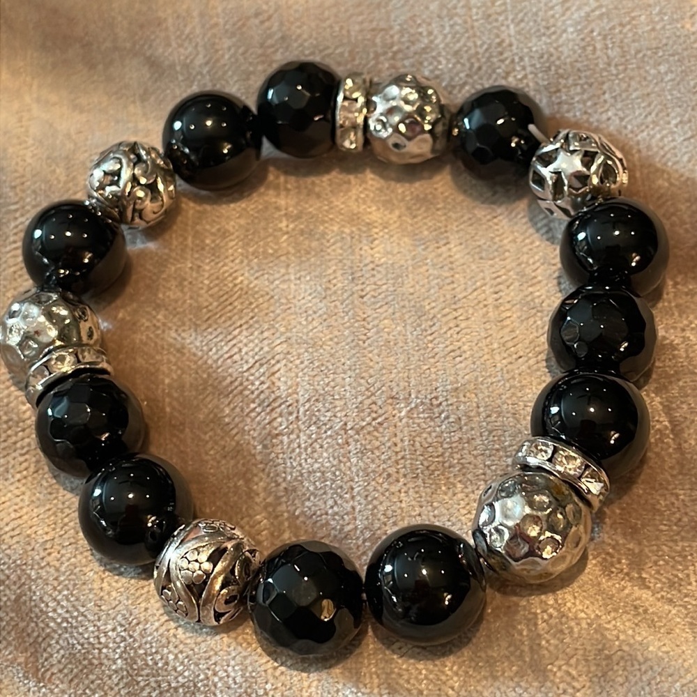 Black Onyx & Silver Beaded Bracelet 7-8”
